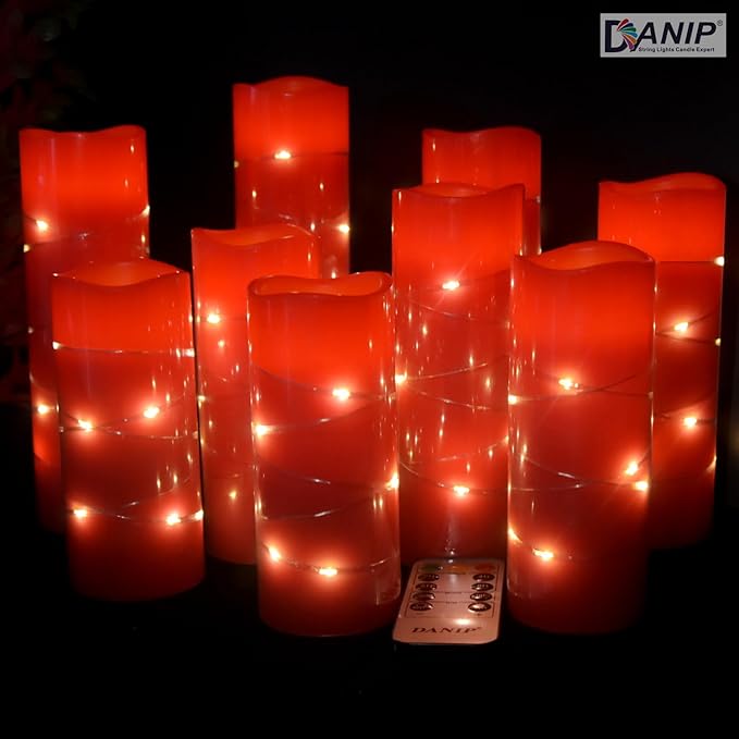 danip red flameless Candle, Built-in Star Cluster, 9 LED Candles, 11 Button Remote Control, 24-Hour Cycle Timer, Flashing Flame, Real Wax, Battery Powered. (Starry Sky Series)