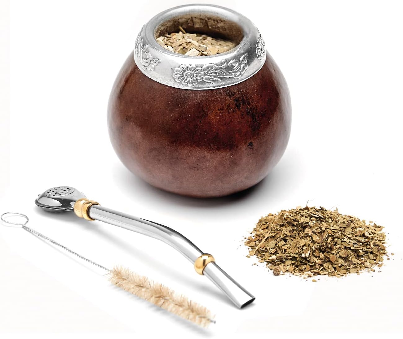 BALIBETOV Yerba Mate Gourd Set (Original Natural Handmade Yerba Mate Cup Argentina) - Includes Mate Tea Cup, Bombilla (Mate Straw) and Clean Brush - Classic Mate Cup and Bombilla (Dark Brown)