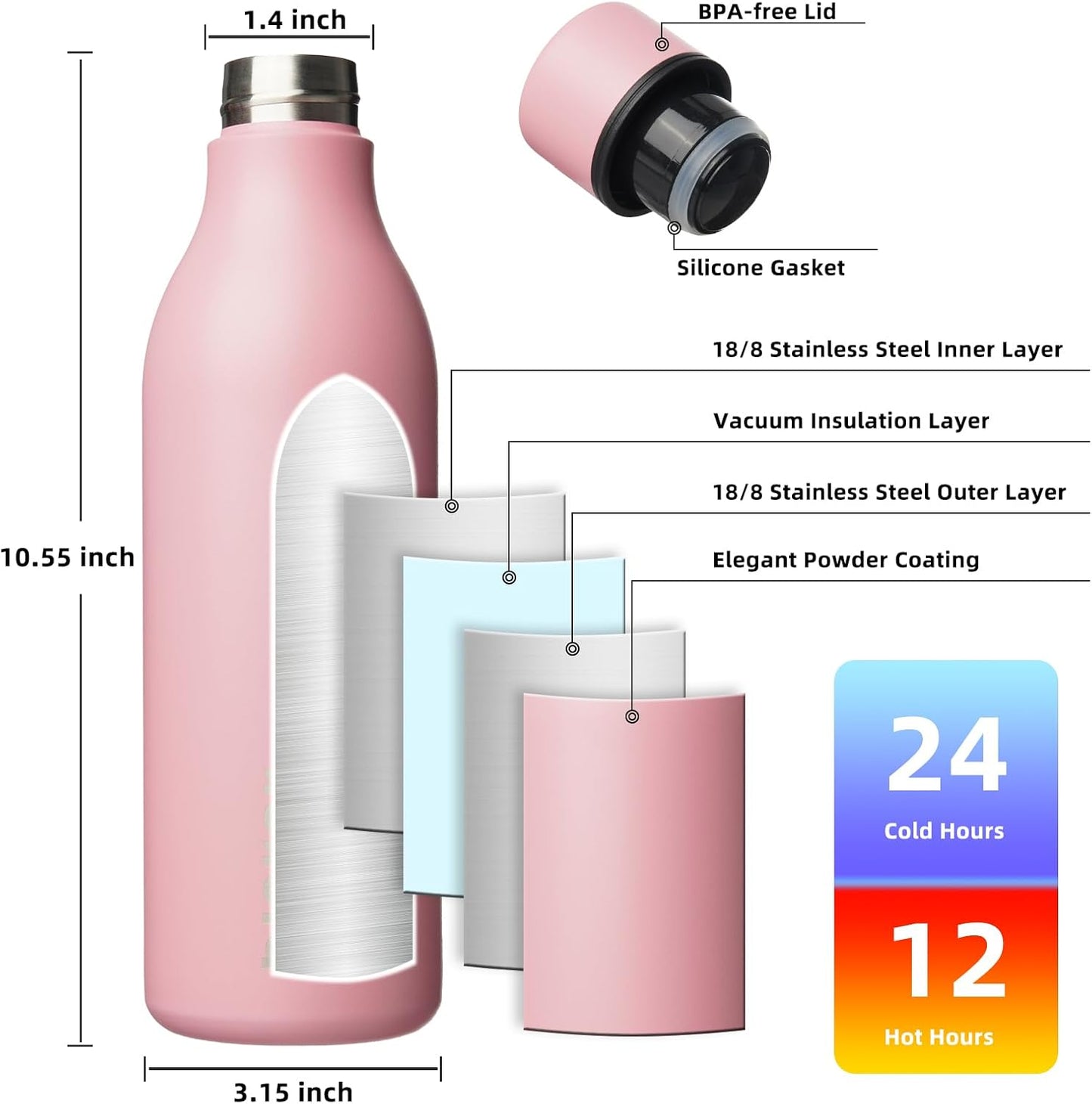 BJPKPK Insulated Water Bottles, 25 oz Stainless Steel Metal Water Bottle with Strap, BPA Free Leak Proof Thermos, Mugs, Flasks, Reusable Water Bottle for Sports & Travel, Light Pink
