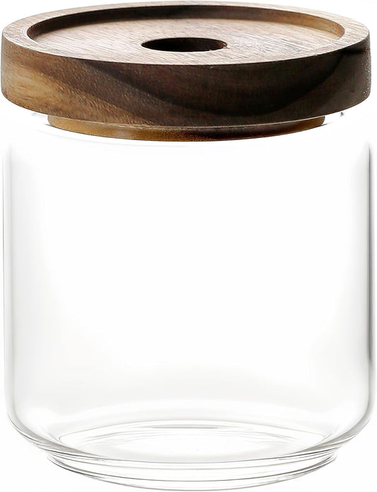 480ML/16Oz Clear Cute Glass Storage Canister Holder with Stackable Airtight Wood Lid, Modern Decorative Small Container Jar for Coffee, Spice, Candy, Salt, Cookie, Condiment, Pepper, Sugar