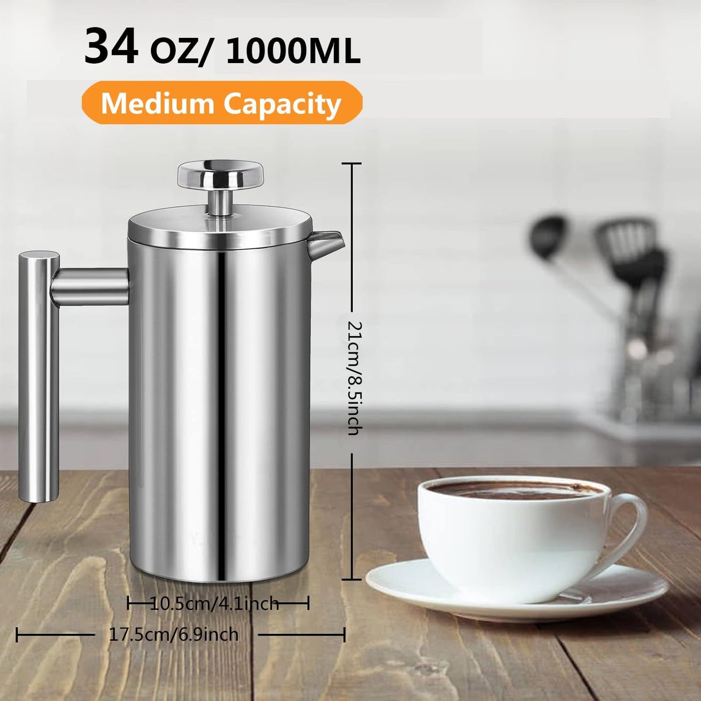 French Press Coffee Maker 34oz, Double-Wall Insulated French Press Stainless Steel 1L for travel camping, Included 2 Extra Screens and 1 Coffee Spoon （6-8cup 1000ml）