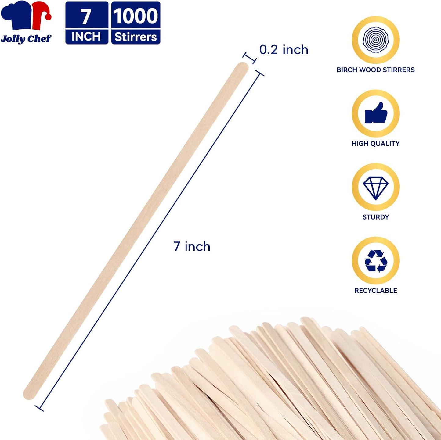JOLLY CHEF 1000 Count Wood Coffee Stirrers, 7 inch Birch Coffee Stir Sticks, Wooden Sticks for Coffee, Tea and Beverage