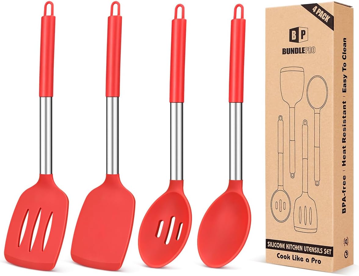 Pack of 4 Silicone Cooking Utensils Set, Non Stick Large Solid Spatulas, Heat Resistant Slotted Spoons, Ideal BPA Free Kitchen Turners for Frying, Mixing,Serving,Draining,Turning,Stirring (RED)