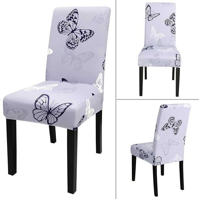 JQinHome Pattern Chair Covers for Dining Room Set of 6, High Stretch Removable Washable Parsons Chair Slipcover for Home Party Hotel Wedding Ceremony (Grey Butterfly,6PCS)