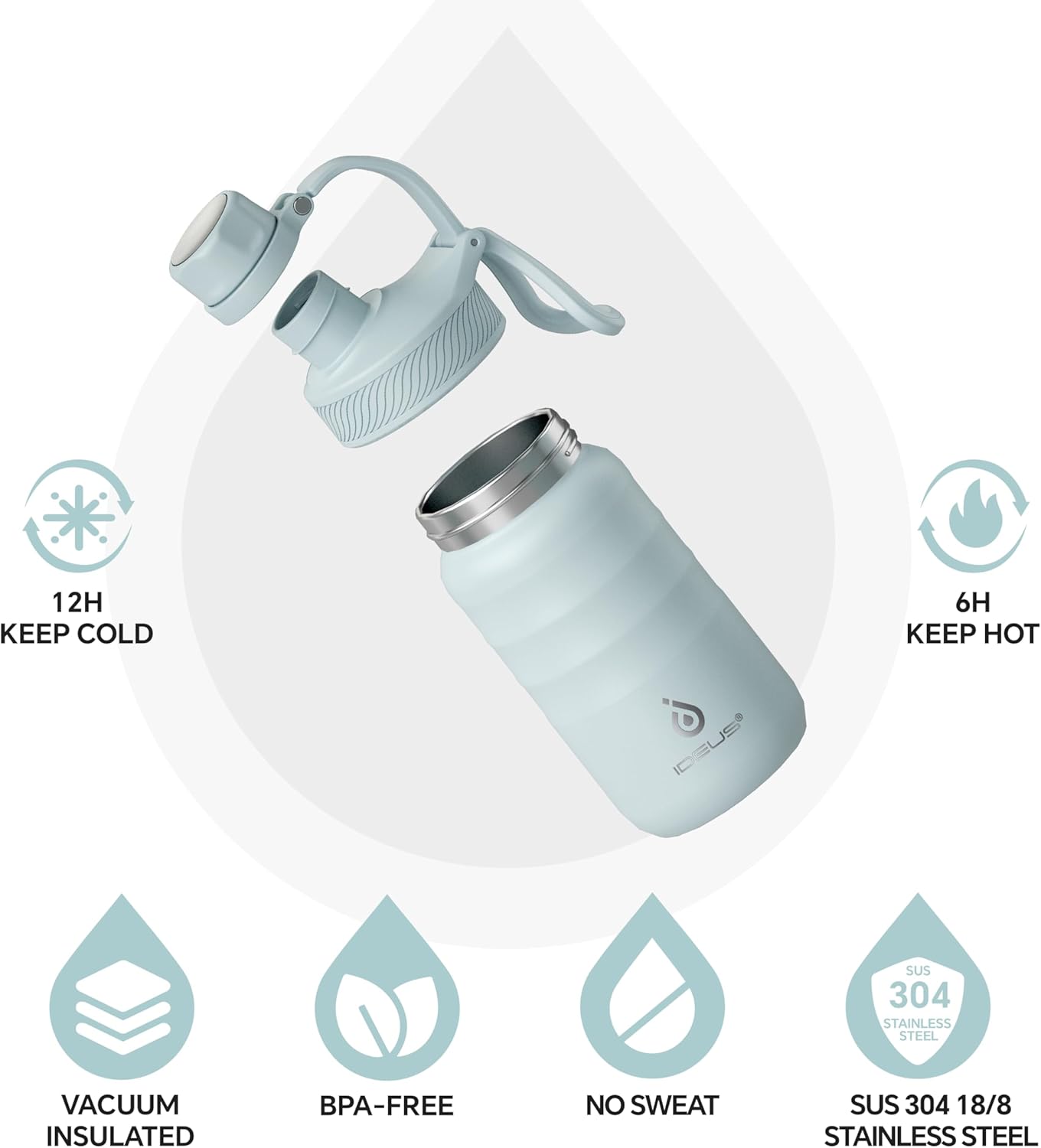 IDEUS Insulated Water Bottle 12oz, Stainless Steel Insulated Water Bottle For School, Insulated Bottles With Straws Leakproof, Vacuum Double Wall Water Bottles For Boys And Girls With 2 Lids, BPA Free