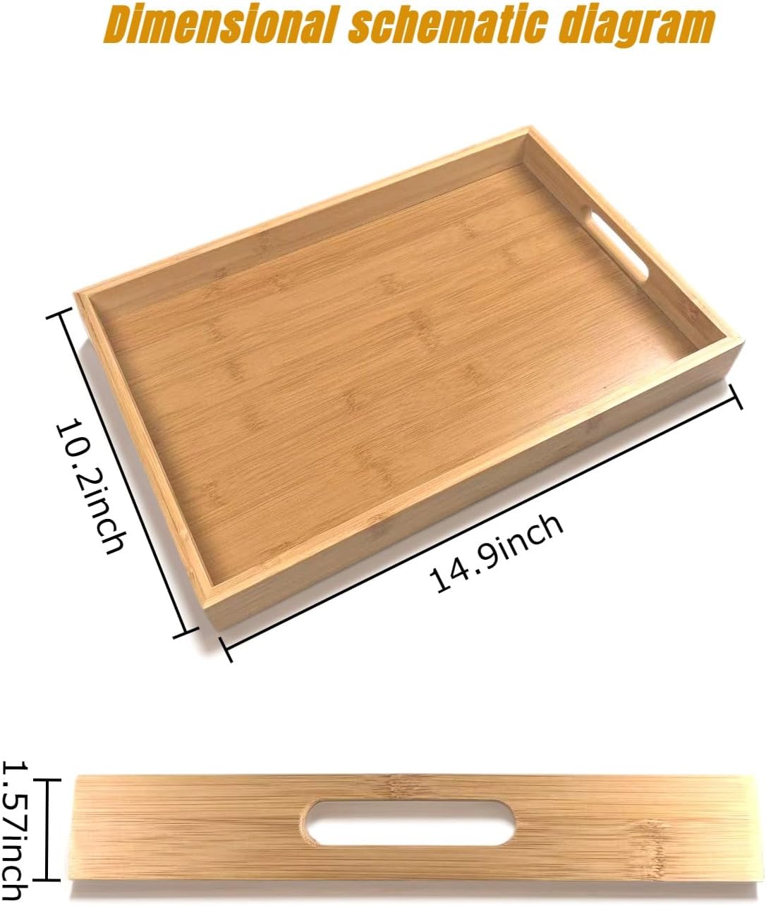 14.9''x10.2''x1.57'' Bamboo Wooden Tray with Handles, Rectangular Natural Solid Wood Dinner Tray, Bamboo Wood Original Color. Suitable for Kitchen,Bedroom, Coffee, Party bar.