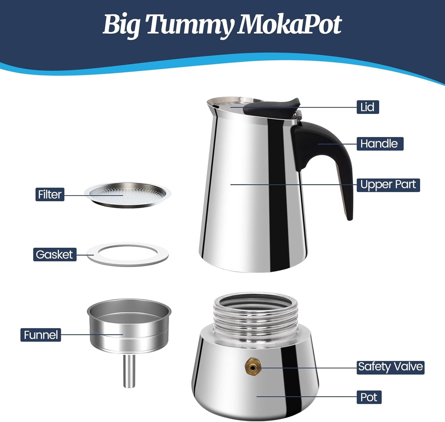 6 Cup Moka Pot Stainless Steel 300ml Italian Espresso Coffee Maker Stovetop CoffeeMakers Mocha Pot Percolator for Induction Stove Classic Cafe Makers Portable for Easy Brewing Tummy