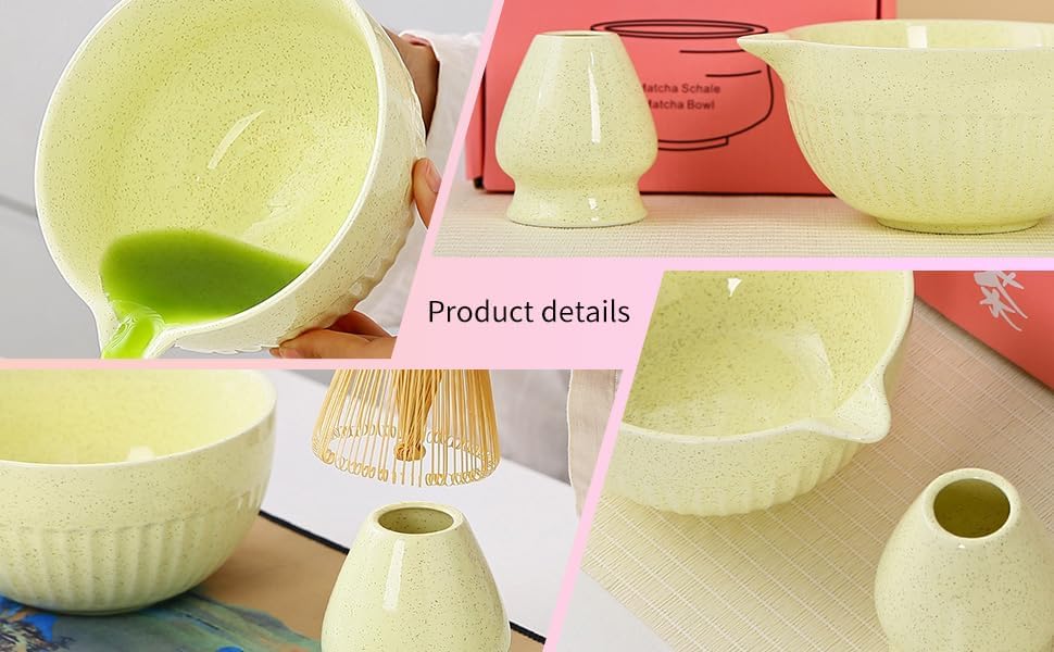 Matcha Tea Set, Glazed Ceramic Bowl and Whisk Holder, Light Yellow, 2-Piece