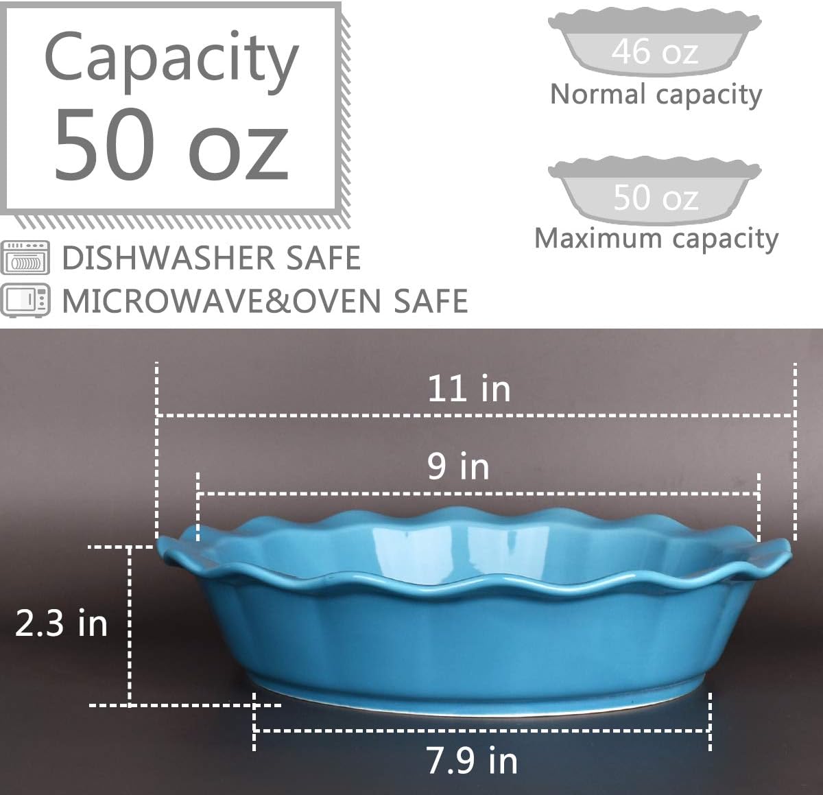 Bosmarlin Ceramic Pie Pan, 9 Inches Pie Dish, 50 oz, Pie Plate for Baking, Microwave, Oven Safe and Dishwasher safe (Cerulean blue, 9 inches)