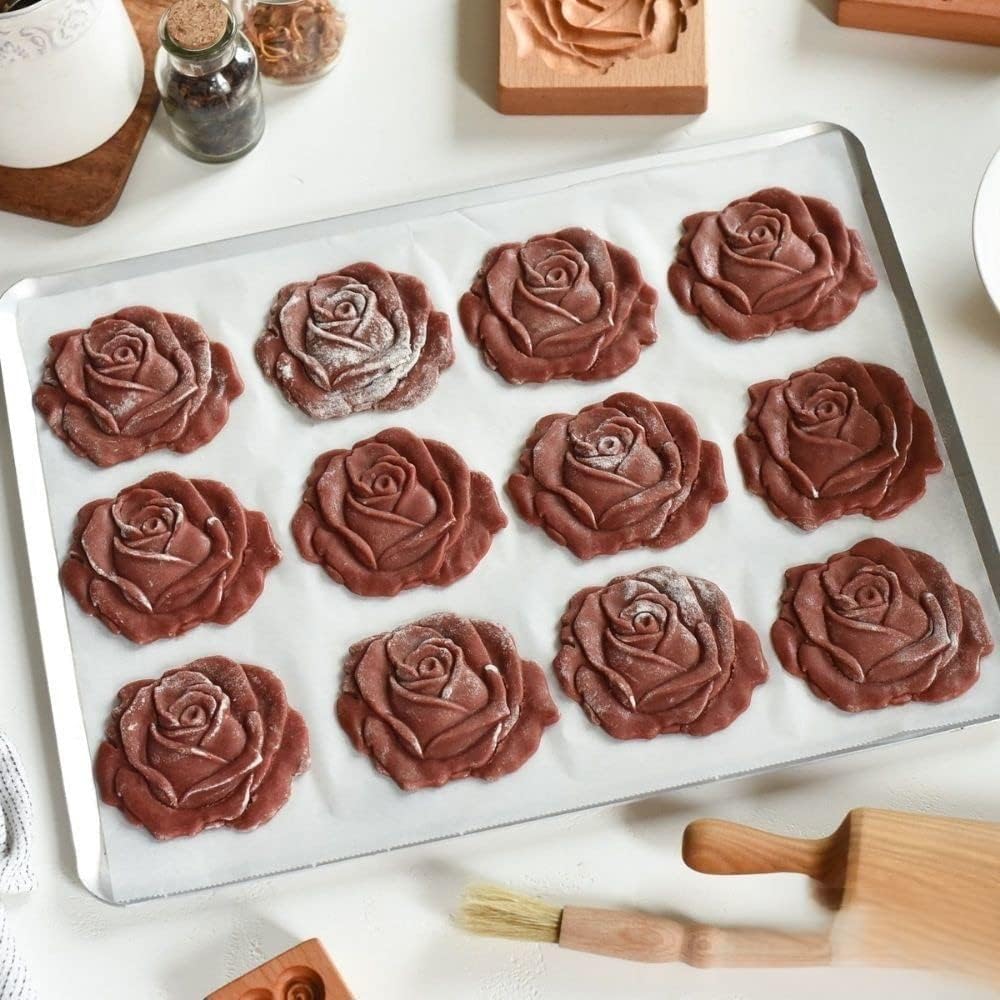 Wooden Cookie Mold - Biscuit Baking Cutter, Carved Embossing Stamp for DIY Shapes, Gingerbread, Pine Cone (Rose)