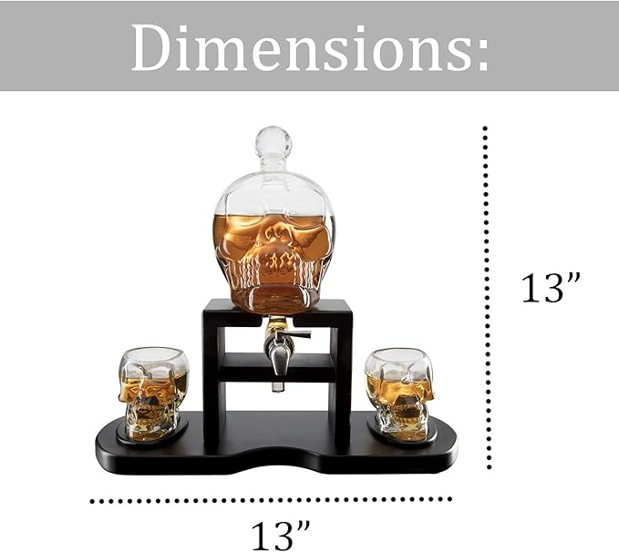 Skull Skeleton Wine & Whiskey Decanter Set 750mL with 2 Skull Shot Glasses 3oz | Gothic Skeleton Barware on Mahogany Wooden Base with Spigot | Spooky Halloween Decor Drinkware & Unique Goth Gift Idea