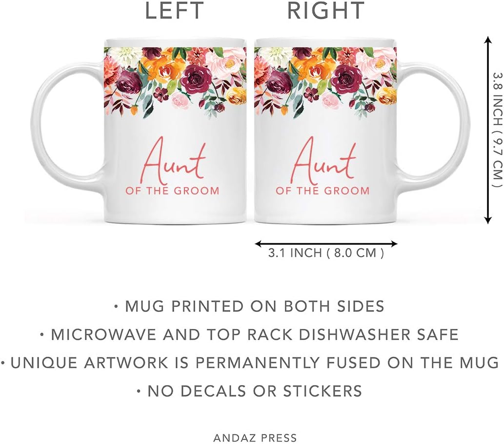 Andaz Press 11oz. Wedding Ceramic Coffee Tea Mug Gift, Fall Autumn Burgundy Orange Peach Flowers Roses Florals, Aunt of the Groom, 1-Pack, Includes Gift Box