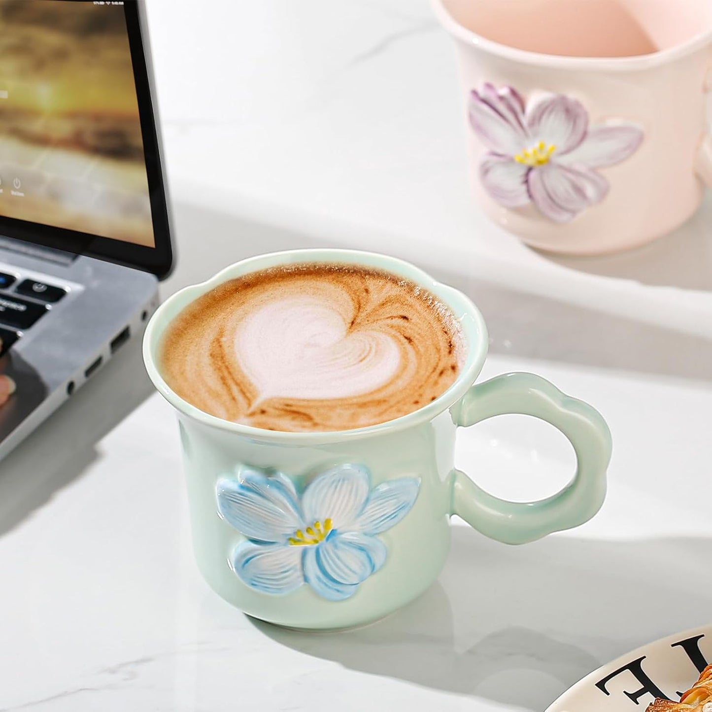 Cute Floral Coffee Mug Set of 4-12oz Ceramic Flower Embossed Cups with Petal Handles, Dishwasher and Microwave Safe