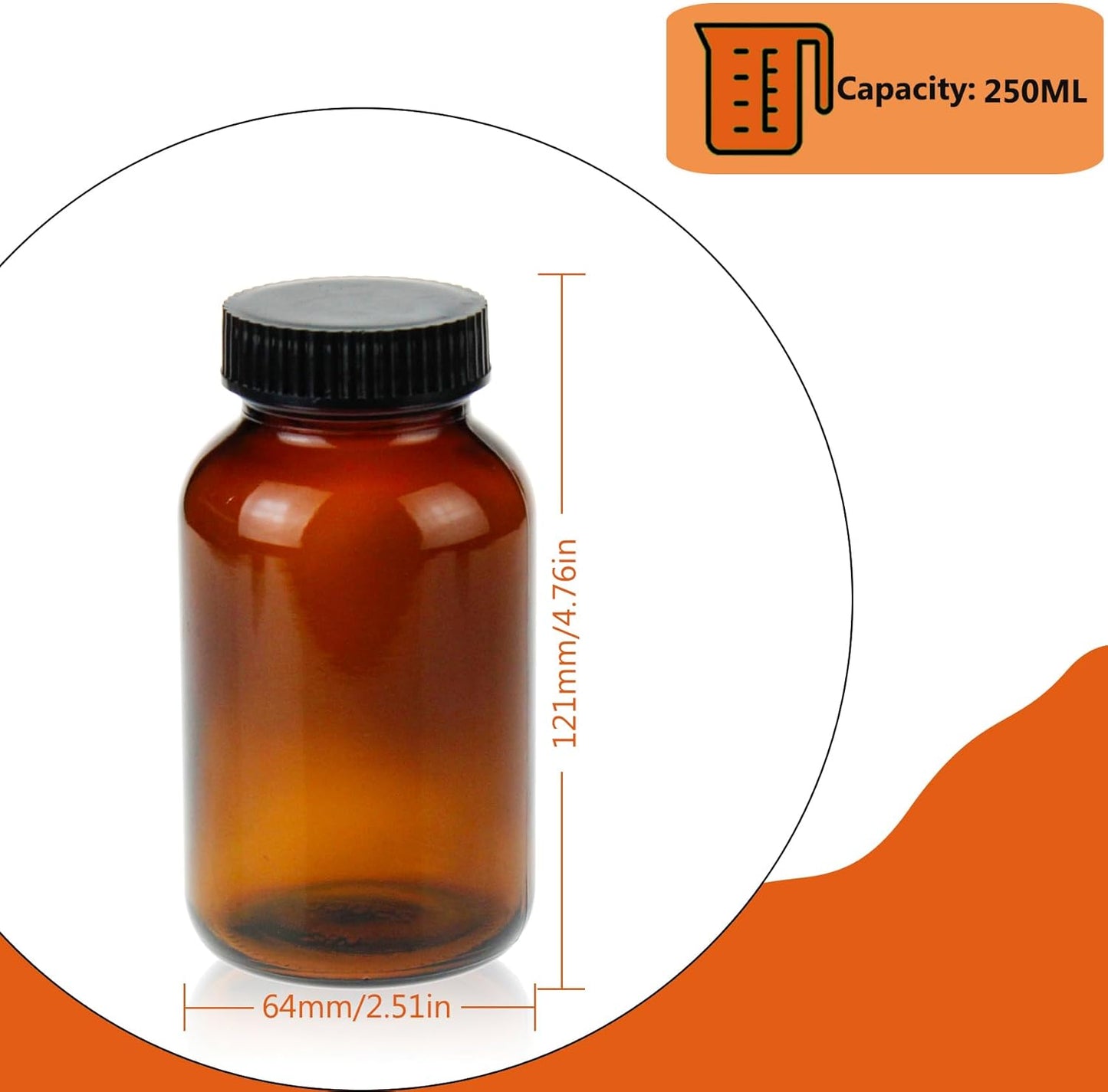 Wide Mouth Packer Bottle, Amber Glass, 250 ML (8.3 OZ) Capacity with 45-400 Black Polyethylene Screw Cap Lined PE Septa, Package of 24 Units