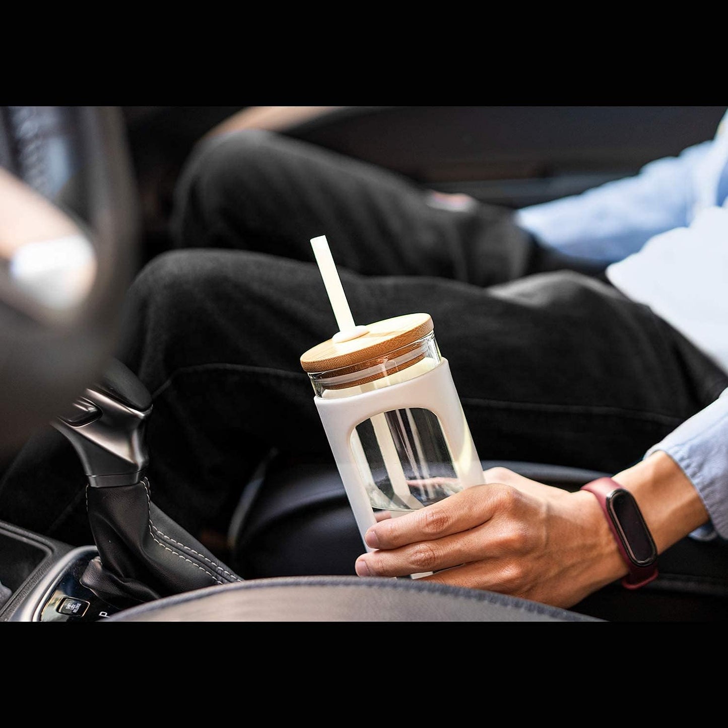 Kodrine 20oz Glass Tumbler with Straw and Lid, Bamboo Lids Water Bottle, Reusable Iced Coffee Cups, Wide Mouth Smoothie Cup with Protective Silicone Sleeve BPA FREE-White+Amber-2pack