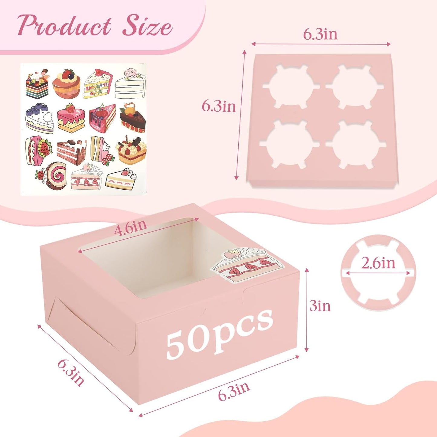 OAMCEG 50 Pack Cookie Boxes with Window, 6x6x3 Inches Pink Cupcake Boxes, Bakery Treat Boxes with Stickers & Twine for Pastry, Desserts, Strawberries, Cupcakes, Gift Giving