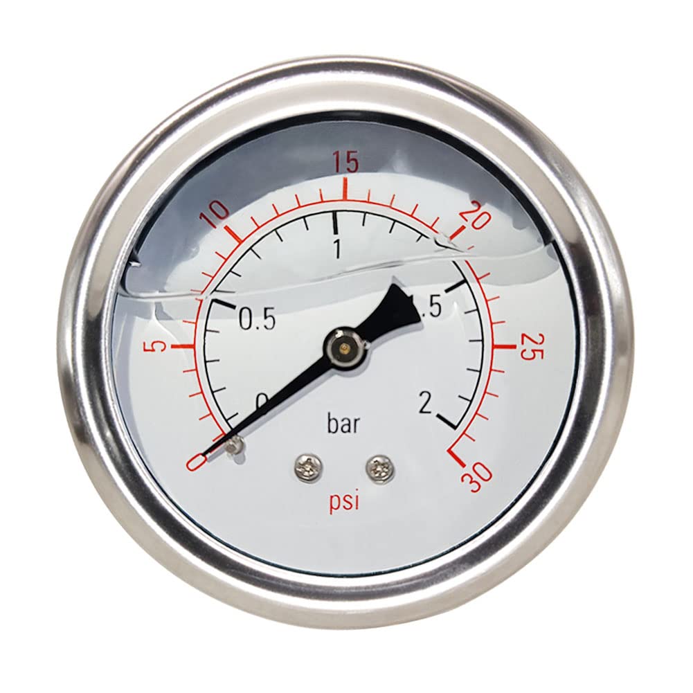 Pressure Gauge 1/4" NPT 0-30Psi Glycerin Filled 2 1/2 inch Dial 304 Stainless Steel Case Center Back Mount