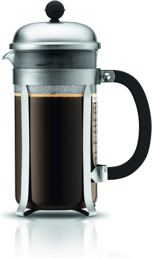 Bodum 34oz Chambord French Press Coffee Maker, High-Heat Borosilicate Glass, Brushed Stainless Steel – Made in Portugal