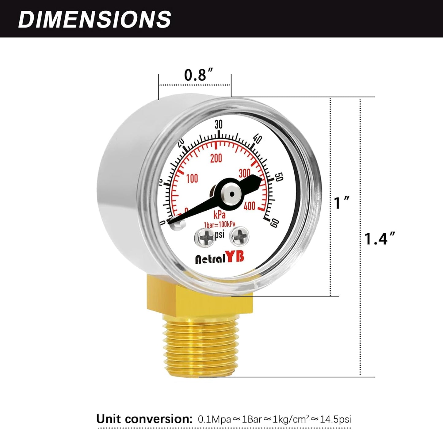 1-Inch Mini Pressure Gauge, 0-60 PSI / 0-400 kPa, Dual-Scale Dial, 1/8” NPT Bottom Mount, Stainless Steel Gauge for Coffee Machines, Motorboats, Water Pumps, and Pneumatic Tools