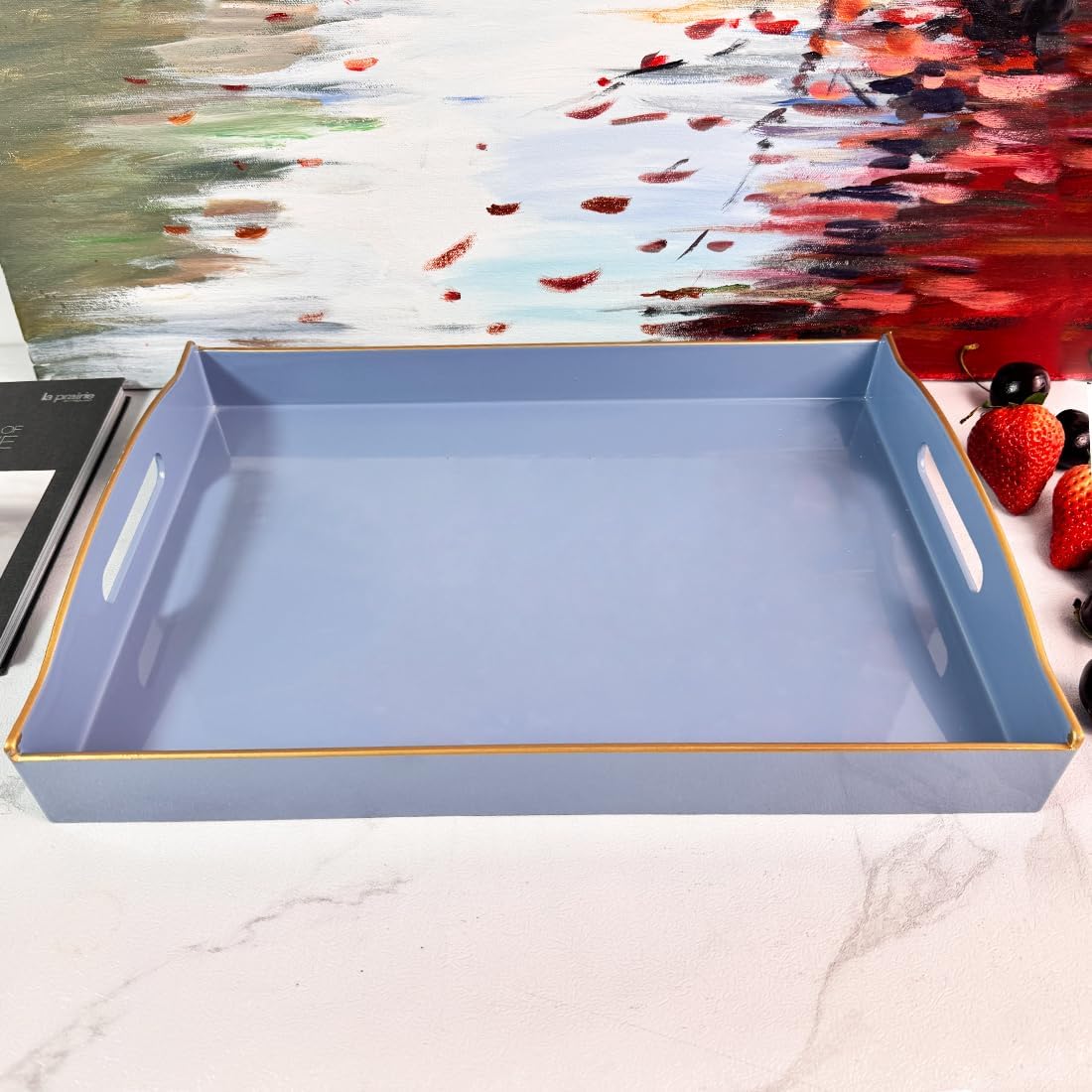 Blue Serving Tray with Handles, Plastic Decorative Tray for Coffee Table, Ottoman - Ideal for Living Room & Bathroom. 15” x 11” x 2.5”