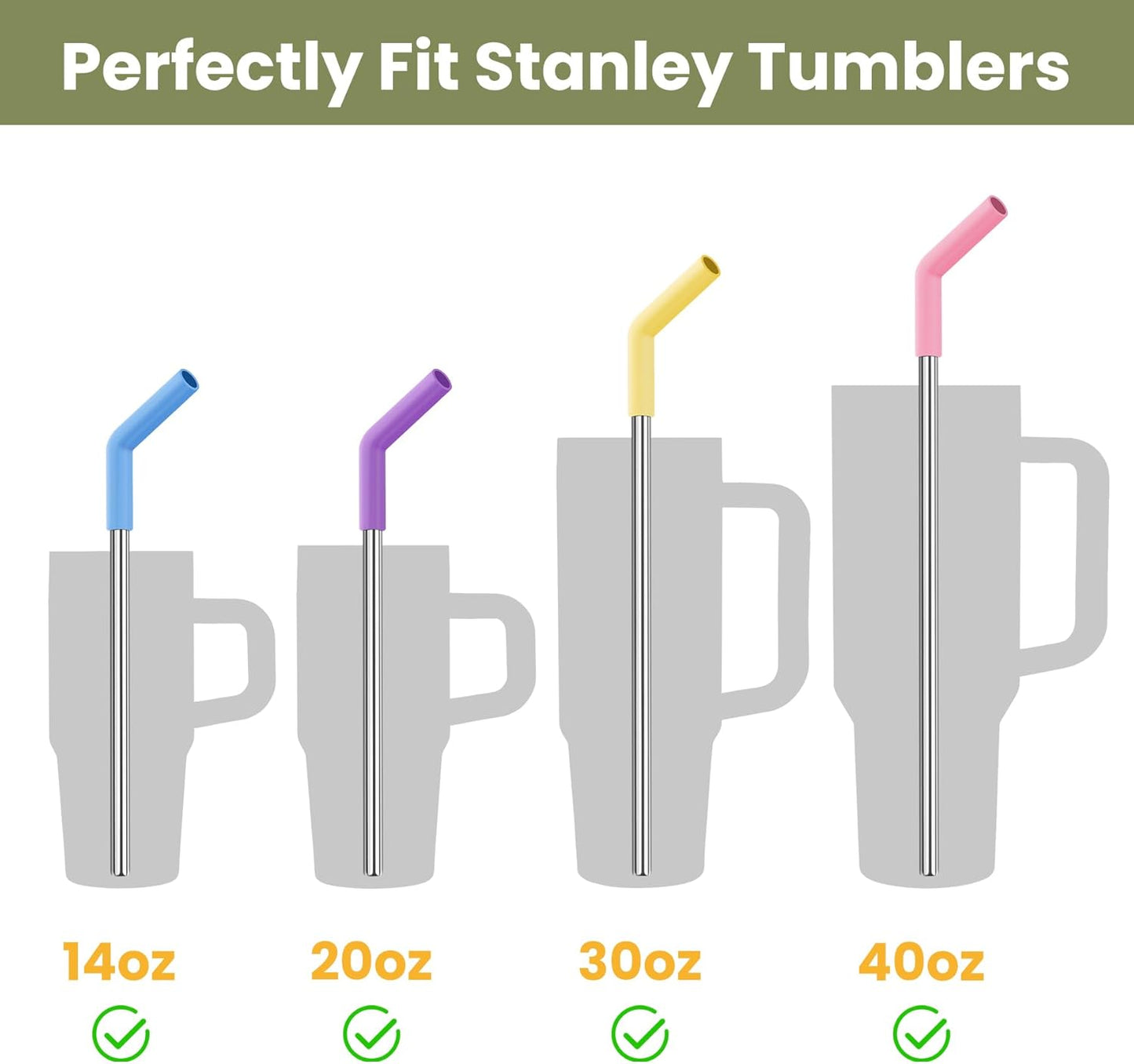 Tomorotec 6-Pack Stainless Steel Reusable Straw with Silicone Tip 3 Sizes, Metal Drinking Straws Fit for Stanley Quencher Tumblers 40oz, 30oz, 20oz, 14oz, Cleaning Brushes Included (Rainbow)