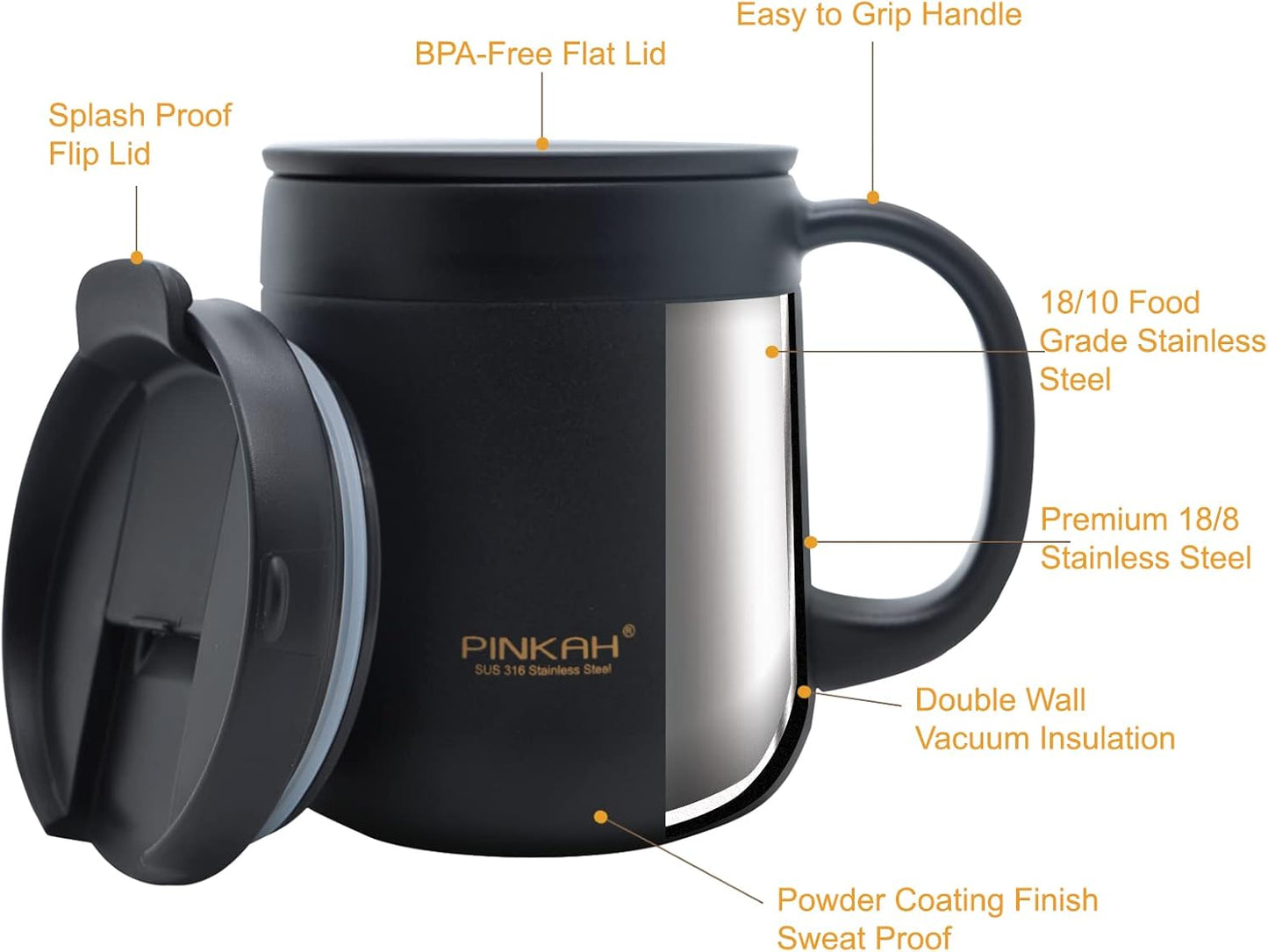 11OZ 330ML Stainless Steel Insulated Coffee Mug with Handle, Double Wall Stainless Steel Tumbler Cup with 2 Lids, Black