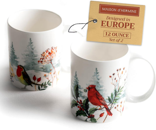 Maison d' Hermine Coffee Mug with Handles Fine Bone China Mugs Pack of Two Tea Cups for Hot Beverages Cappuccino Latte Home Restaurant Office Perfect for Gift (Morzine, 12 Ounce)