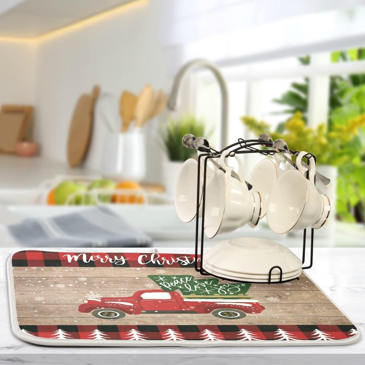 Christmas Dish Drying Mat 18 x 24 Inch with Hanging Loop High Absorbent Reversible Microfiber Red Truck Buffalo Check Plaid Dish Mat Dish Drying Pad Dish Rack Pad Drainer Mat Counter Mat