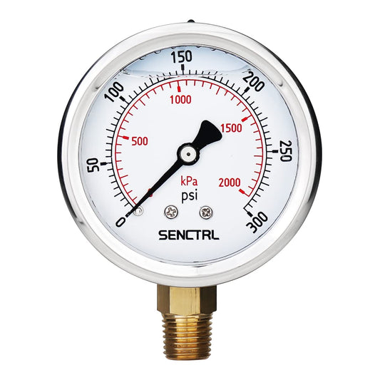 SENCTRL 0-300 Psi Glycerin Liquid Filled Pressure Gauge, 2.5" Dial Size, 1/4" NPT Lower Mount, Stainless Steel Case, for Air Gas Water Oil Hydraulic Pressure Test