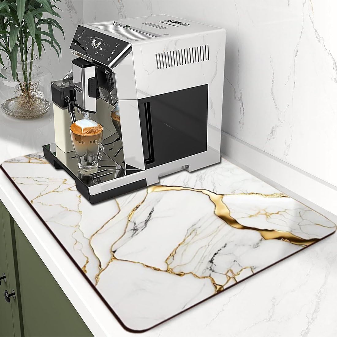 Coffee Mat or Dish Drying Mat Super Absorbent Drying Marble pattern Mat, Fit Under Coffee Maker Espresso Machine Absorbent Hide Stain Rubber Backed Dish Drying Mat for Kitchen Counter (12″x 20″white)