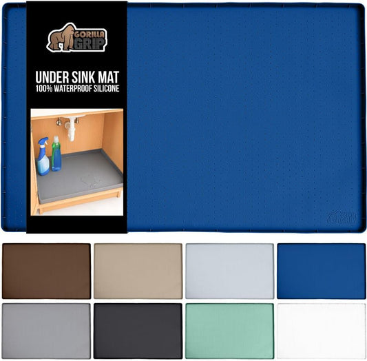 GORILLA GRIP Waterproof Silicone Under Sink Mat with Raised Lip for Kitchen and Bathroom, Cabinet Shelf Liner Stay in Place Mats Dishwasher Safe Drawer Liner, Organizer Tray, 19 x 22 in, Blue