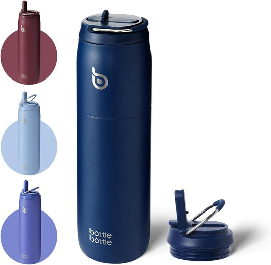 BOTTLE BOTTLE Stainless Steel Water Bottle with Straw and Lid 32 oz Vacuum Insulated Cup Stay Cold and Hot, Leak-Proof Wide Mouth Water Bottles for Men,indigo blue
