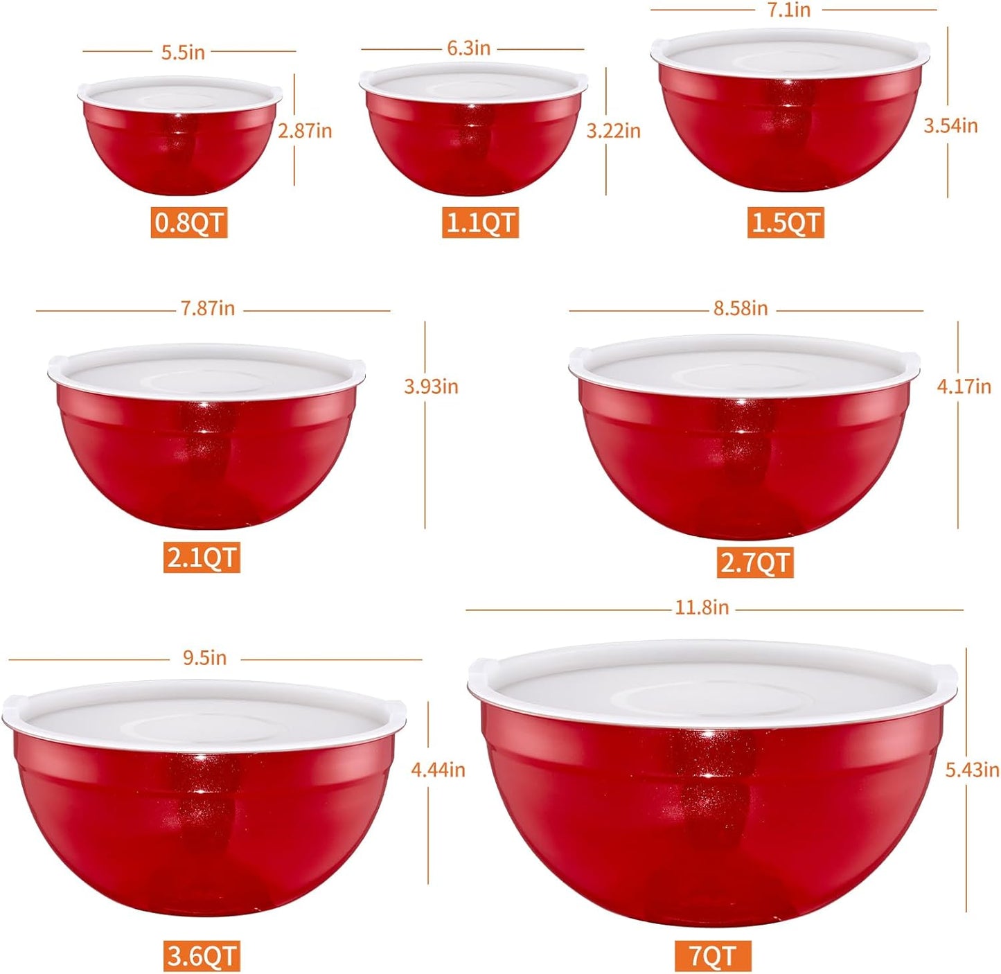 Red Mixing Bowls With Airtight Lids,Stainless Steel Bowl,Salad Bowls 7 Piece Colorful Nesting Bowl Red Kitchen Accessories,Size 7,3.6,2.7,2.1,1.5,1.1,0.8QT Stackable Design