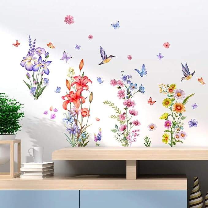 Set of 40 PCS Hello Spring Summer Window Cling Sticker Daisy, Sunflower, Birds, and Butterfly Window Stickers, Spring and Summer Decor, Home, Shop Window Glass Display Stickers (Floral with Birds)