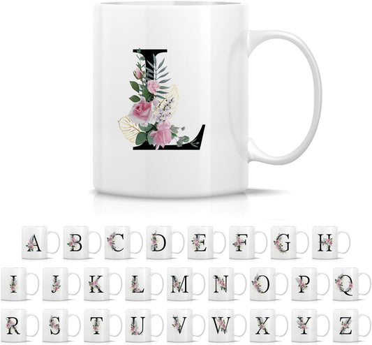 Retreez Initial A-Z Floral Botanical Bouquet Alphabet Monogrammed Monogram Mug 11 Oz Ceramic Tea Coffee Mugs - Appreciation Thank You Wedding Birthday Gifts for her friend coworker sister - L Initial