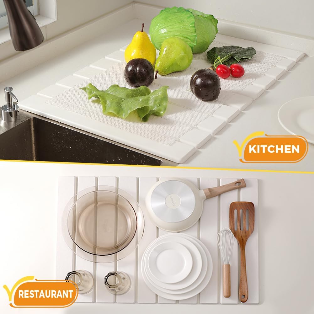 Stone Drying Mat for Kitchen Counter, 24"×16" Collapsible Diatomaceous Earth Dish Drying Mats, Fast Absorbent, Large Quick-drying Draining Mat for Dishes Cookware Cups Bathroom Any Countertop