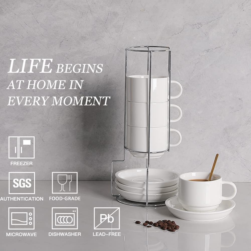 Sweejar Porcelain Cappuccino Cups with Saucers and Metal Stand, 8 Ounce Stackable Espresso Cups for Specialty Coffee Drinks, Latte, Americano, Tea - Set of 4 (White)