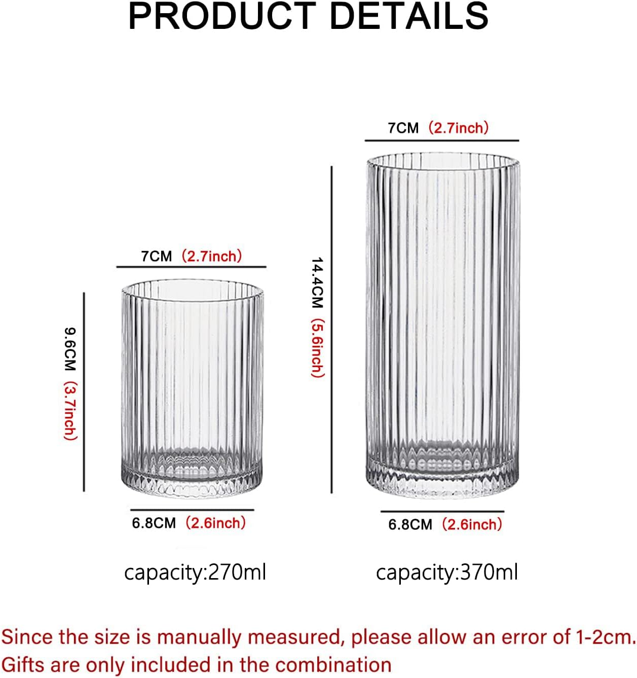 INSETLAN Glass Cups Vintage Glassware Set of 4 Large, Origami Style Transparent Cocktail Glasses Set, Bar Beverages Ice Coffee Cup Juice Ripple Drinkware, 370ml (L)