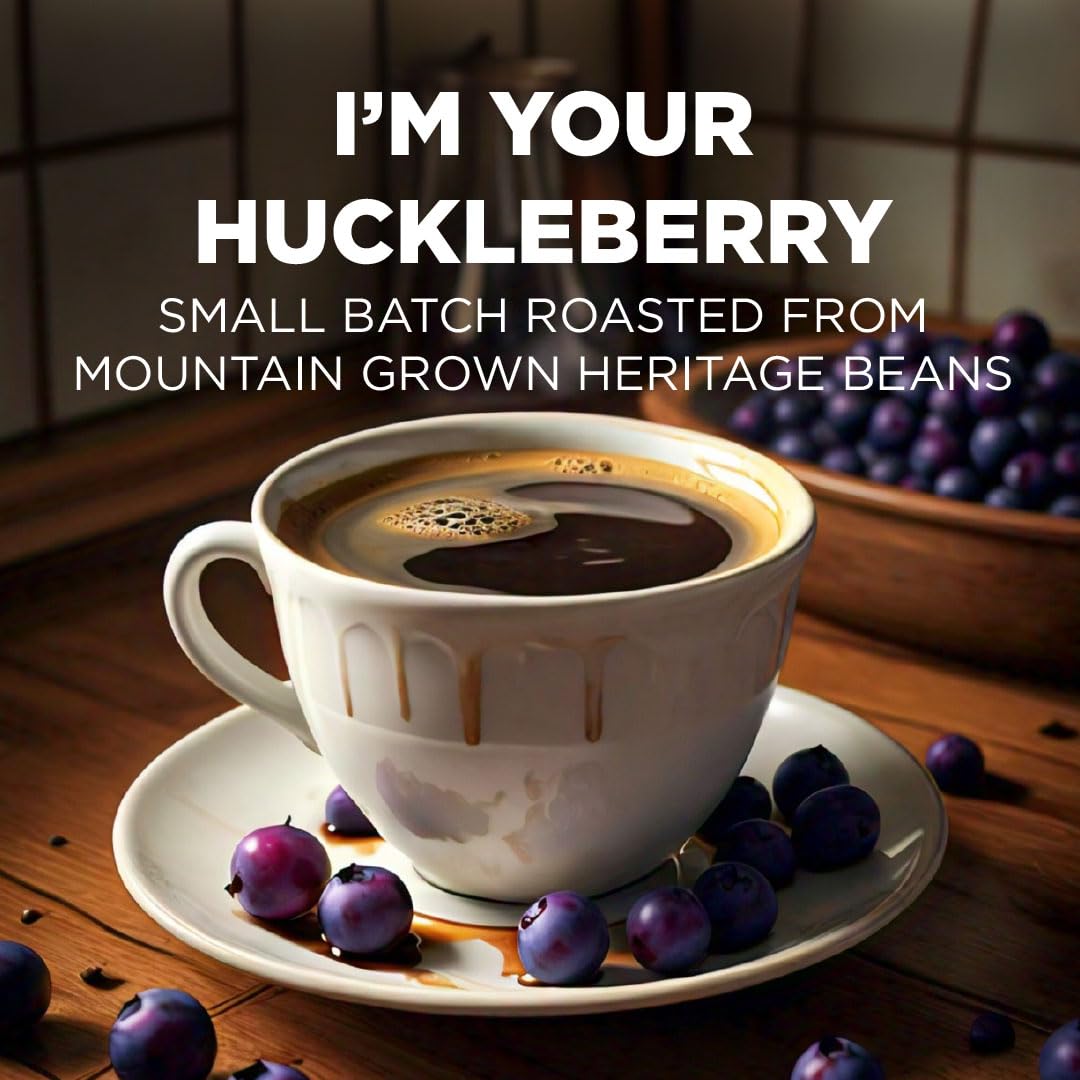 Maud's Huckleberry Flavored Coffee Pods, 18 ct, Medium Roast Flavored Coffee in Recyclable Single Serve Pods – 100% Arabica Beans, Compatible with Keurig K Cups Maker