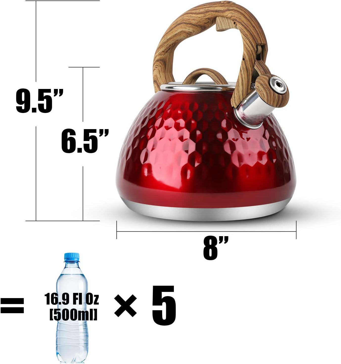 Tea Kettle, Toptier Teapot Whistling Kettle with Wood Pattern Handle Loud Whistle, Food Grade Stainless Steel Tea Pot for Stovetops Induction Diamond Design Water Kettle, 2.7-Quart Red