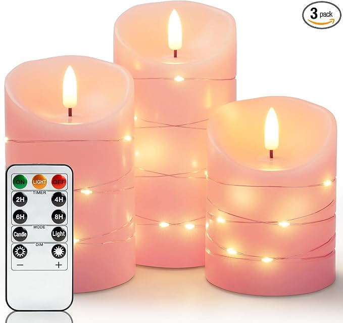 Homemory Flameless Candles with String Lights, 3 Pack Embedded Fairy String Lights LED Candles, Electric Flickering Candles with Remote Control and Timer, Real Wax, Pink