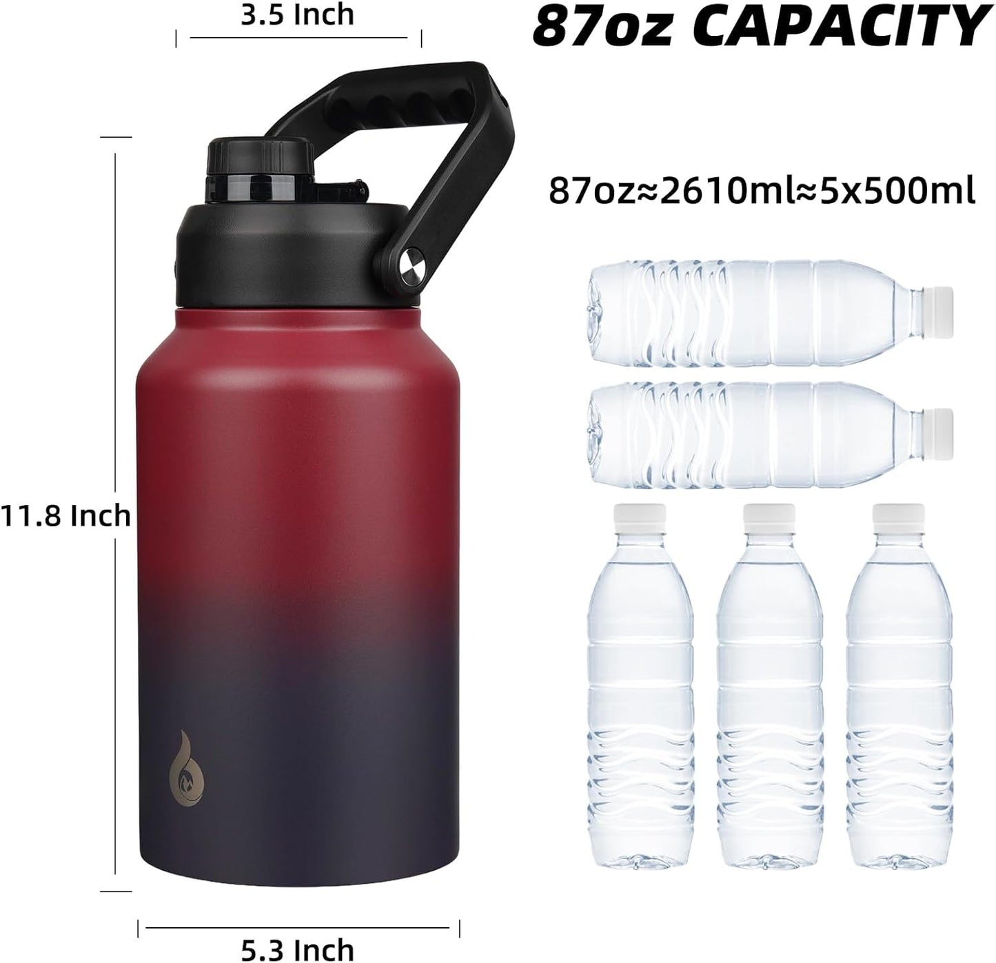 BJPKPK 87oz Insulated Water Bottle, Dishwasher Safe 2/3 Gallon Water Bottle with Ergonomic Handle, BPA Free Leak Proof Water Jug,Stainless Steel Water Bottle with Anti-slip Bottom, Charming Red