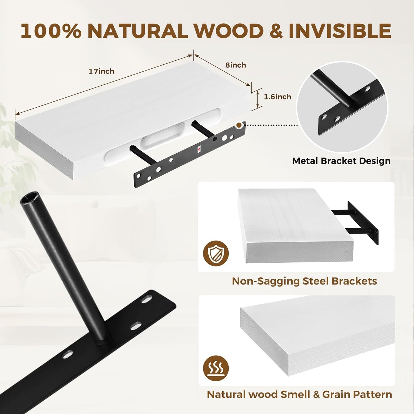 17x8x1.6 inch Floating Shelves Set of 2 – Solid Wood Rustic White Wall Mounted Shelf for Kitchen, Bathroom, Living Room