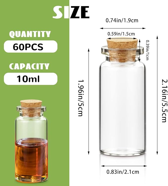 WFPLUS 60 Pcs 10ml Small Glass Bottles with Cork Stopper - DIY Mini Glass Jars, Tiny Clear Vials with Cork for Display Art Crafts Decoration Wedding Party Supplies