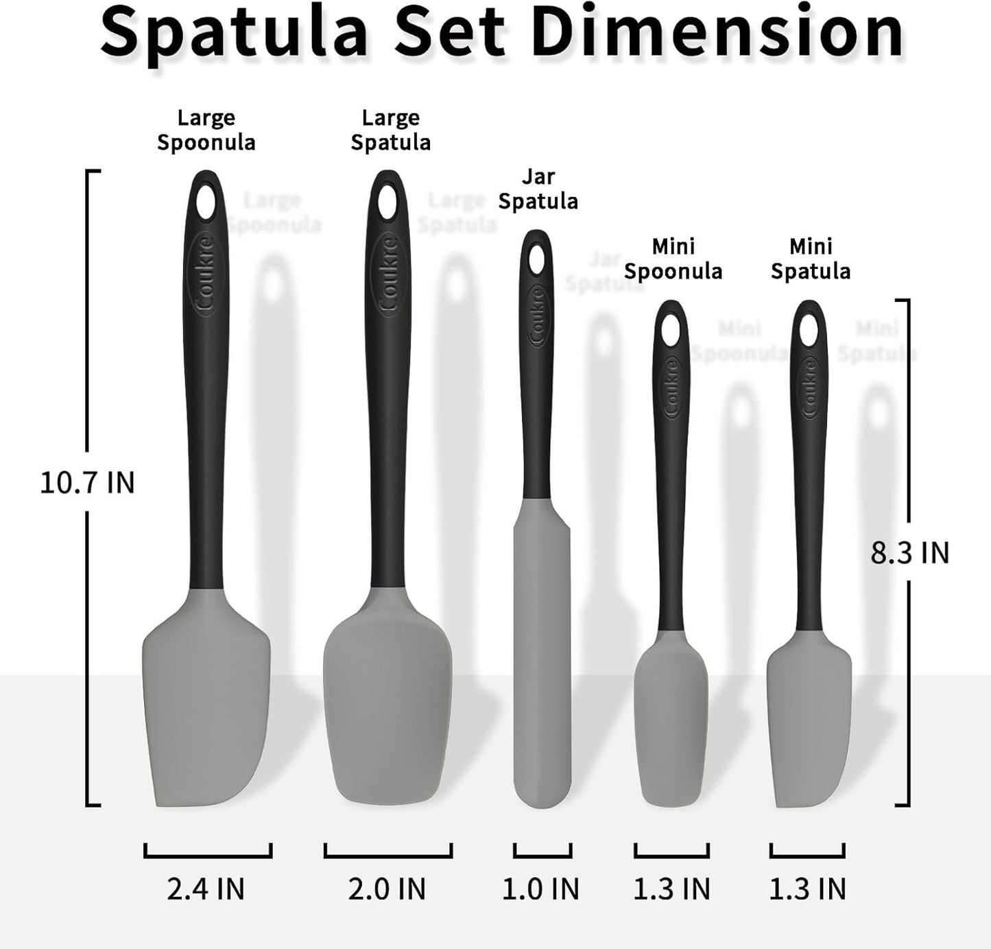 Coukre Silicone Spatula Set of 5,High Temperature Resistant, Food Grade Silicone, Dishwasher Safe, for Baking, Cooking (Gray)