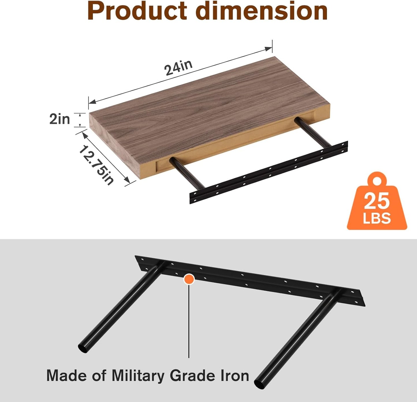 Floating Shelf, Set of 2 Wall Shelf, 24 in W x 12.75 in D x 2 in H Wooden Floating Wall Shelf with Invisible Brackets for Living Room/Bedroom/Bathroom/Kitchen Storage and Decor, Walnut