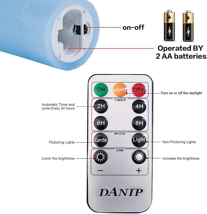 Sky Blue Flameless Candle, with Built-in Star Clusters, 9 LED Candles, 11 Button Remote Control, 24-Hour Cycle Timing, Flashing Flames, Real Wax, Battery Powered. (Full Sky Star Series)…