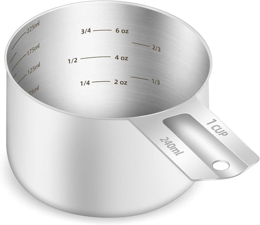 1PCS 1Cup (240ml, 8oz) Single Measuring Cup, Etched Inner Scale Stainless Steel Measure Scoop, Metric and US Measurement, Dishwasher Safe