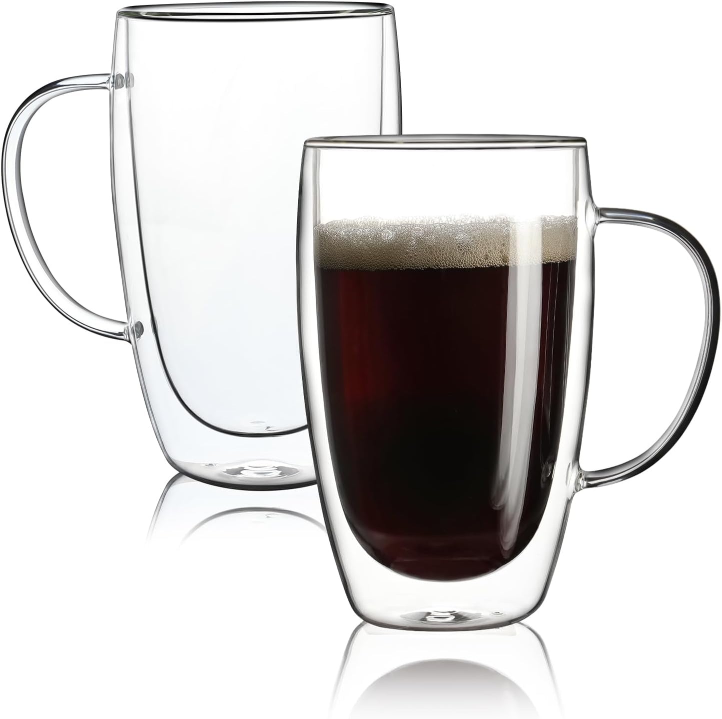 Aurzen 2 Pack Double Walled Glass Coffee Mugs with Handles, Large Insulated Layer Coffee Cups, 15oz Clear Borosilicate Mugs, Perfect for Cappuccino, Tea, Microwave Safe