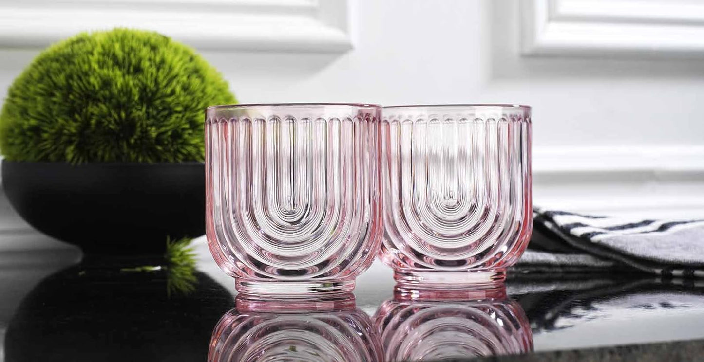 Glaver's Double Old Fashioned Rock Glasses, Set of 4 Blush Pink Whiskey Glasses, 11 oz Art Deco U-Shape Design Embossed Everyday Home Bar Glassware.